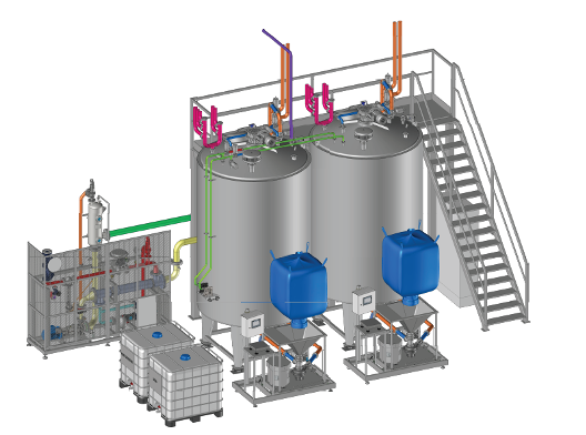 TMV75 – Dissolutore per Glutine di Mais & Idrossido di Potassio integrato in un impianto di miscelazione completo con due serbatoi da 10.000 litri ciascuno