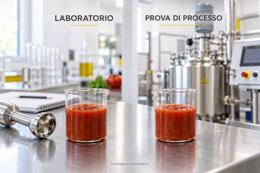 Campioni di salsa confrontati dopo una prova di trasferimento della ricetta a una scala produttiva maggiore